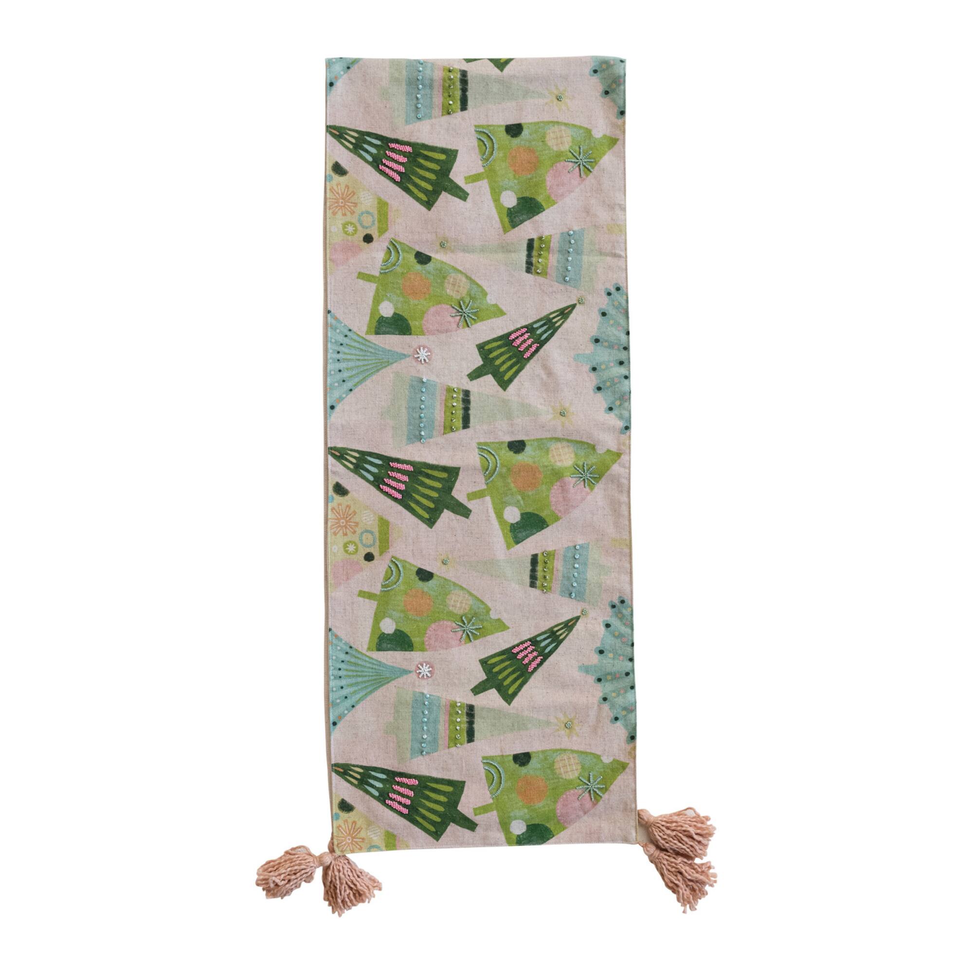 Hello Honey® 72" Green & Blue Hand-Embroidered Christmas Tree Runner